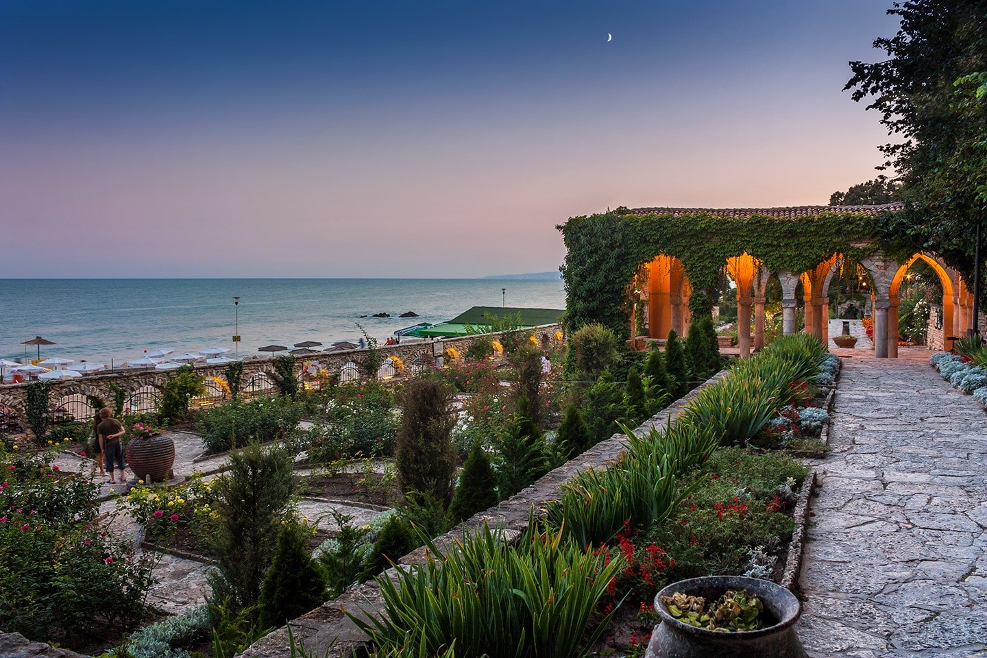 The calm and beautiful garden of the Balchik Palace at night